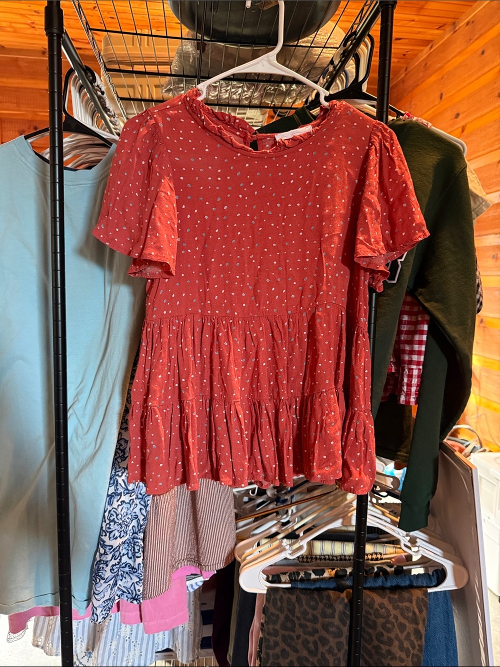 Ces Femme Coral Red Ruffled Short-Sleeve Peplum Blouse